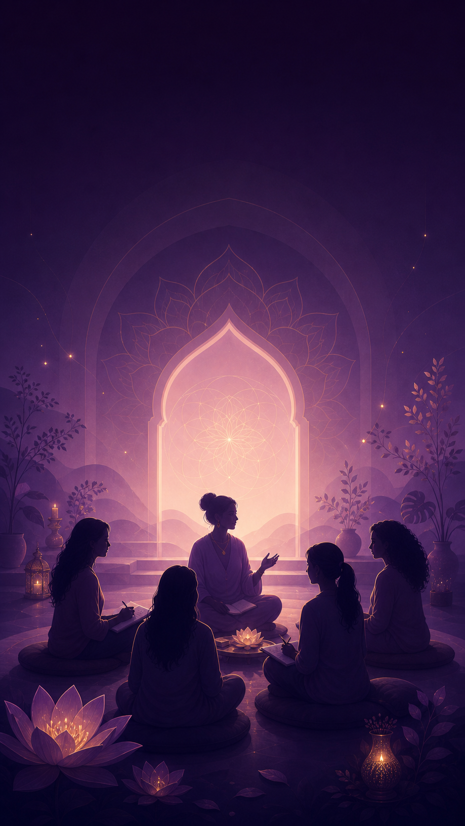 Women learning together in a serene Vedic wellness course setting