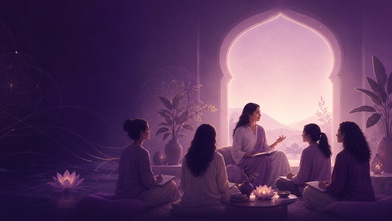 Women learning together in a serene Vedic wellness course setting