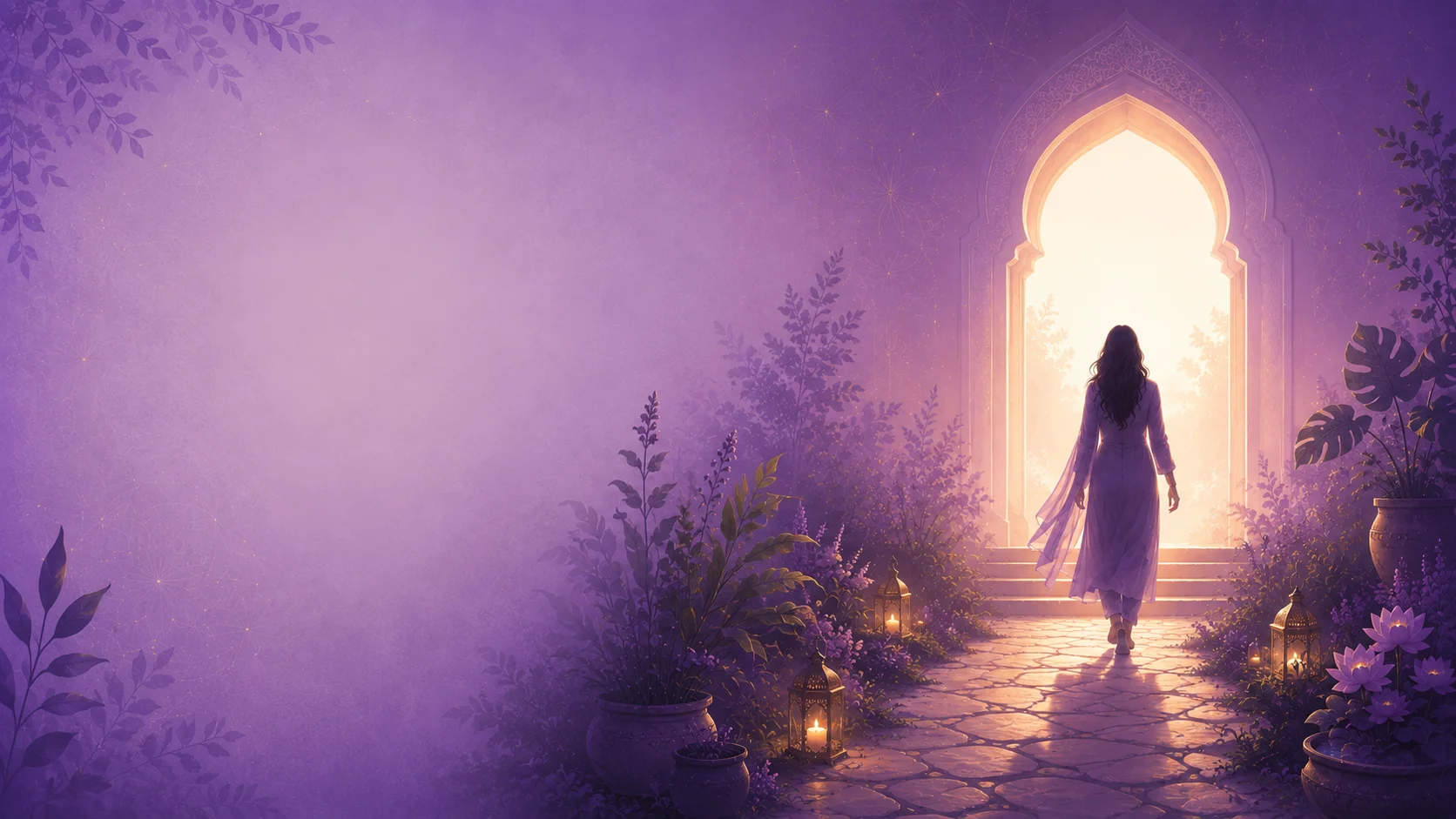 A woman walking through a luminous doorway into the Naari Swasthyam community